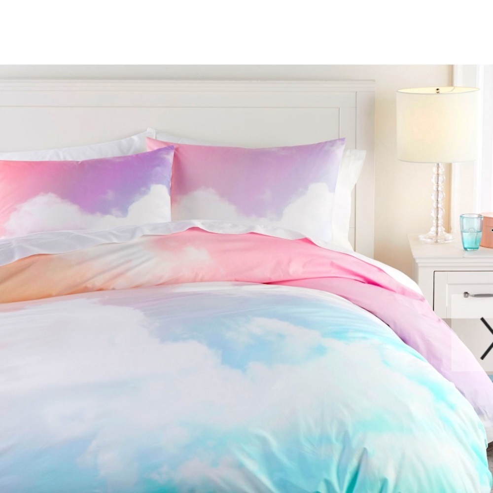 Potterybarn PBTeens duvet cover w/ sham, plus matching curtains.  Rainbow sky